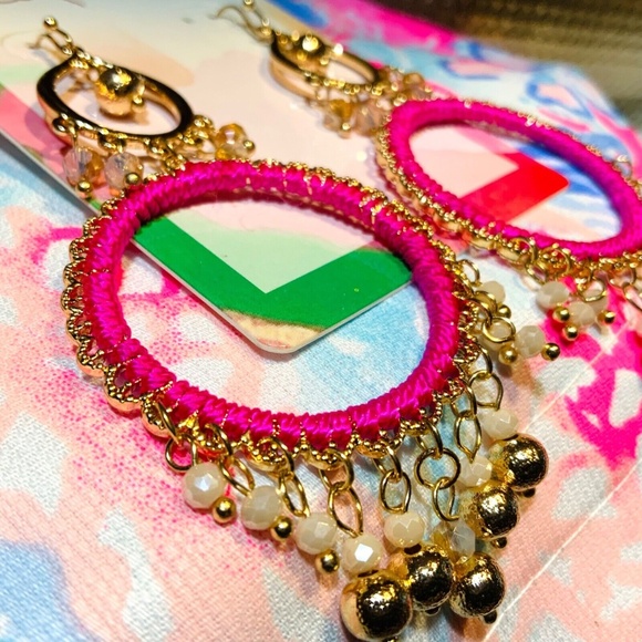 LILLY PULITZER NWT EARRINGS BEACHCOMBER Gypsy Boho HOT PINK ⭐️DANGLING  /Pierced - Picture 13 of 16